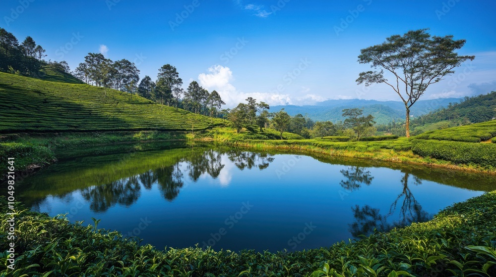 Fototapeta premium A tranquil pond surrounded by tea plantations in Muzangchai, reflecting the lush greenery
