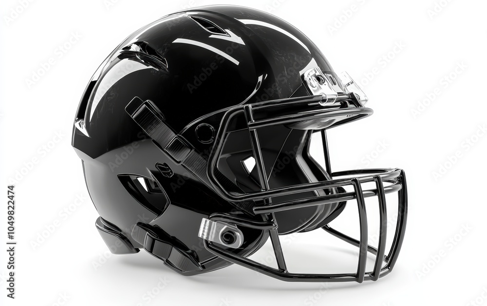 Football Helmet: A sports helmet with a glossy finish and strong face guard, positioned on a white background Football Helmet: A sports helmet with a glossy finish and strong face guard, positioned on a white background