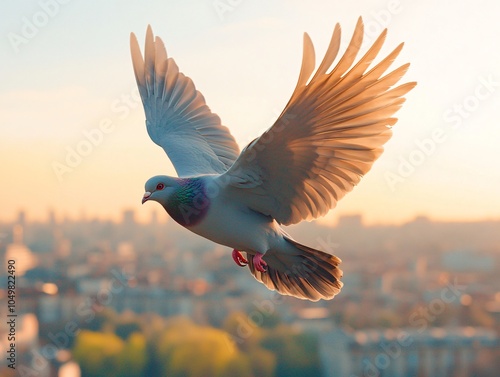racing pigeon flying in the air with a city in the background