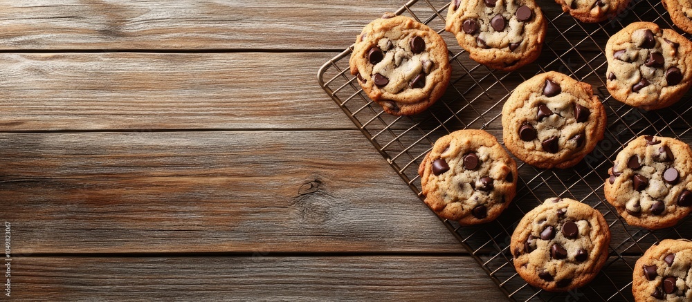 Vertical top view of chocolate chip cookies on a wire rack with selective focus on a wooden table featuring copy space Vertical top view of chocolate chip cookies on a wire rack with selective focus on a wooden table featuring copy space