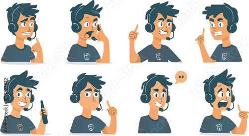 Male call center agent customer service representative avatar expressions set helpful advice problem solution online chat support telemarketing concept