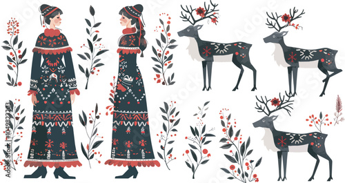 Saami People Traditional Clothing Reindeer Winter Holiday Folklore Design Elements Isolated Illustration Clipart Set