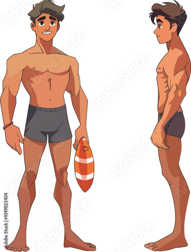Lifeguard Character Design Front And Side View Poses For Animation Summer Beach Safety Water Rescue Drowning Prevention Swimming Pool Vacation Resort Illustration