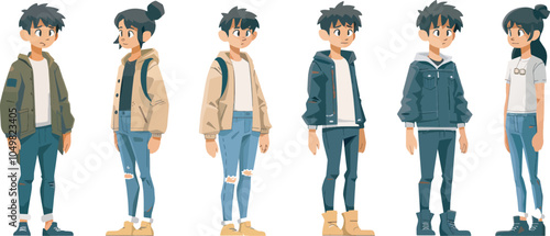 Group of stylish teenagers wearing trendy casual clothes fashion illustration streetwear urban style outfit youth culture boys and girls modern clothing isolated characters set