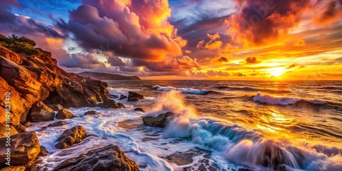 Dramatic sunset silhouettes against the backdrop of a vibrant, golden sky, showcasing the coastline's ethereal beauty.