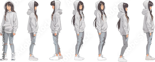 Young woman wearing hoodie mockup street style fashion girl urban outfit apparel template casual clothes fashion illustration design trendy look white background outfit inspiration different angles