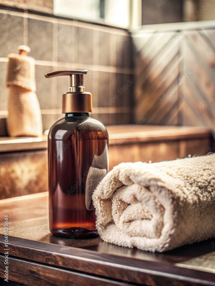 Bathroom setup with shampoo and a rolled towel on wooden countertop. Generative AI Bathroom setup with shampoo and a rolled towel on wooden countertop. Generative AI