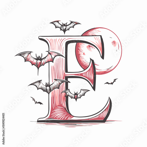 Stylized letter E with flying bats and full moon for Halloween