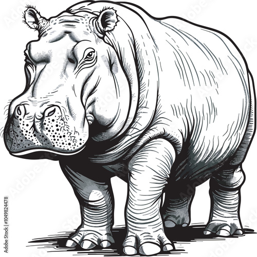 Large Male Hippopotamus Wildlife Illustration Nature Animal Mammal Africa Safari Big Game Black and White Drawing Endangered Species