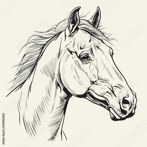 Horse head portrait animal drawing sketch illustration equine equestrian mustang thoroughbred black and white logo design art vintage retro stallion mare mane head shot graphic