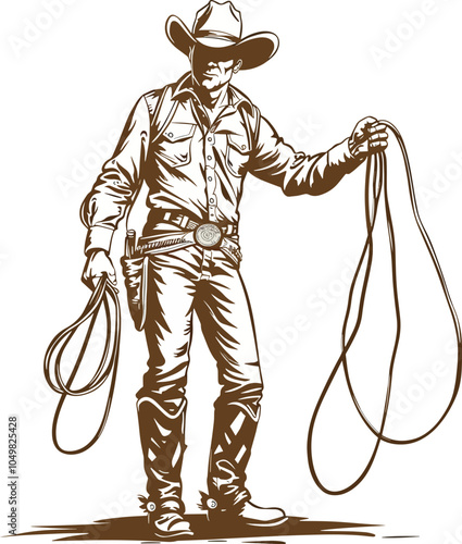 Tough Cowboy Holding Lasso Western Wear Horse Rider Rodeo Sepia Tone Illustration Ranch Life Wild West American Culture Country Music Vintage Style Boot Spur