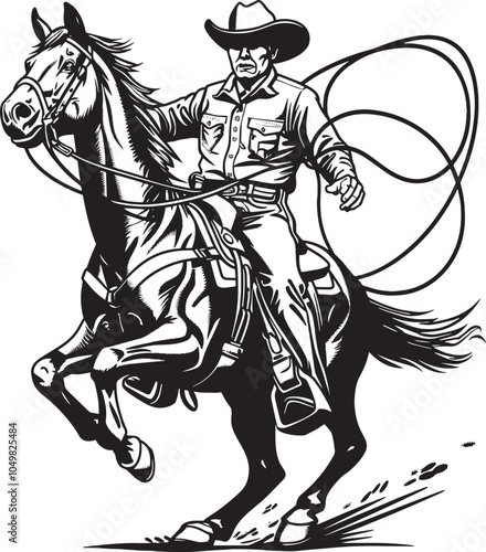 Cowboy Riding Horse Holding Lasso Black And White Illustration Western Theme Retro Style Horseback Riding Ranch Life Countryside Agriculture Equestrian Rodeo Competition Silhouette Clip Art Logo