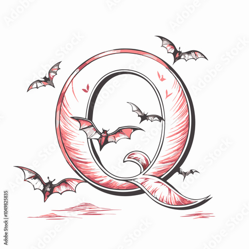 Stylized letter Q with flying bats in Halloween theme