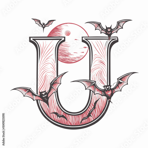 Stylized letter U with flying bats and full moon in Halloween theme  photo