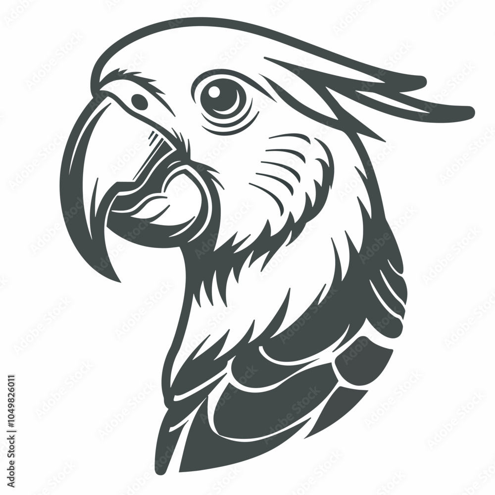 Obraz premium Black And White Parrot Head Illustration Mascot Logo Design Inspiration Branding Identity Tropical Bird Animal Wildlife Nature Zoo Exotic Colorful Feather Beak Wing Wildlife Animal Aves Ornithology