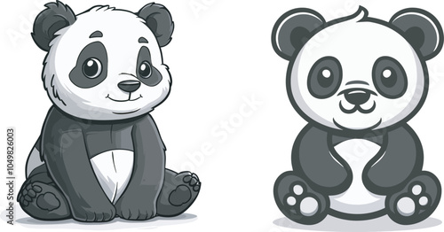 Two cute baby pandas one sitting and one standing cartoon character black and white animal wildlife mammal adorable vector illustration design isolated background endangered species conservation zoo