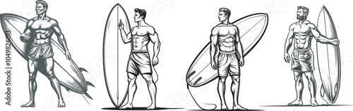 Four surfer men posing with surfboard illustration sport fitness surfing watersport ocean beach summer vacation athlete wave active lifestyle boardshorts muscular physique athletic build board sport