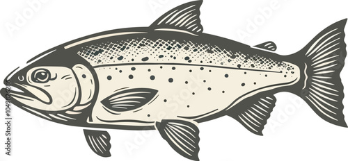 Vintage Illustration Style Salmon Fish Icon Design Idea For Fishing Logo Seafood Restaurant Menu Or Emblem Template Fresh Aquatic Animal Wildlife Nature Concept
