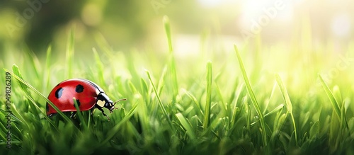 Ladybug resting on green gr...