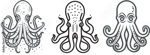 Three octopus illustrations ocean life underwater creature sea animal nautical design marine wildlife kraken tentacle mollusk cephalopod stylized drawing monochrome graphic tattoo art black and white