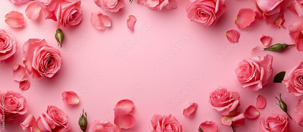 Flowers background Pink roses frame from a top view on a pink background with copyspace Poster Flowers background Pink roses frame from a top view on a pink background with copyspace Poster