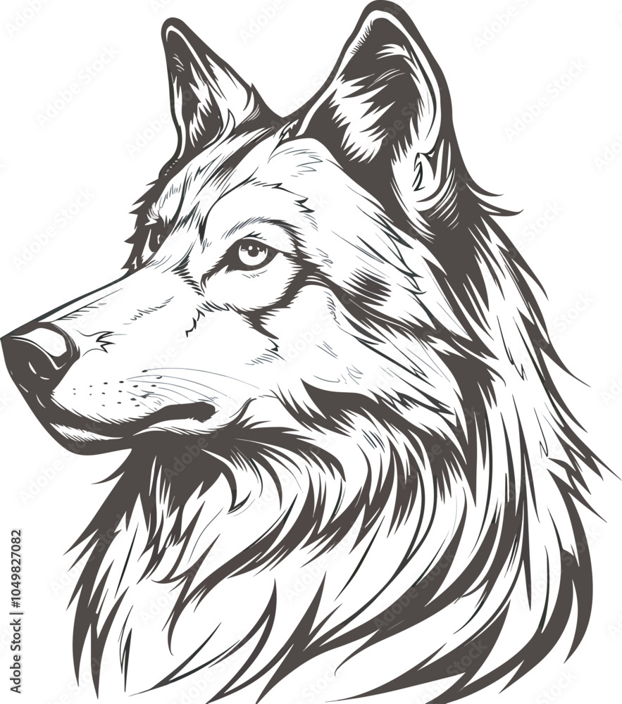 Naklejka premium Wolf Head Illustration Wildlife Nature Canine Predator Animal Black White Sketch Drawing Logo Design Tattoo Wild Hunter Howling Canine Mammal Wildlife Art Realistic Detailed Portrait Side View