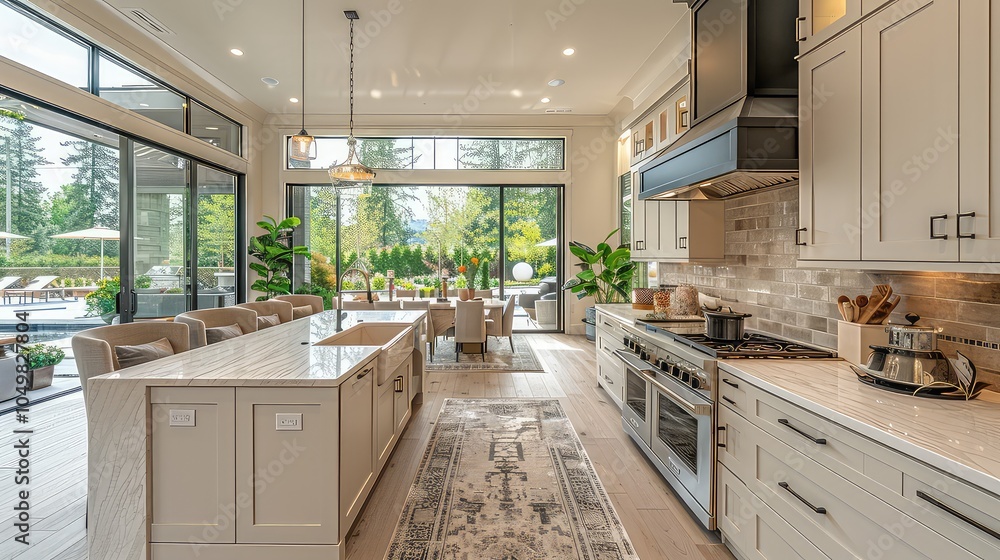 A modern farmhouse kitchen opens to a bright, spacious patio A modern farmhouse kitchen opens to a bright, spacious patio