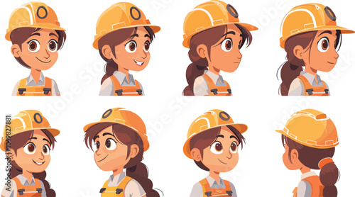 Female Construction Worker Character Different Emotions Set For Animation Game Design Asset Creation Cartoon Style Vector Illustration Isolated On White Background