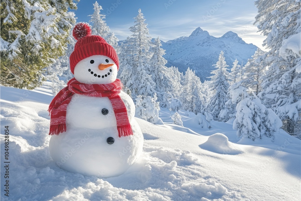 Obraz premium Cute snowman in snowy field, Frosty the snowman in forest setting during sunset. Wearing knit scarf and hat.