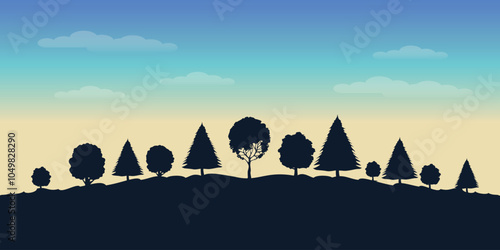 Background with black silhouettes of lonely trees growing on a hill against the blue sky with clouds and sunrise
