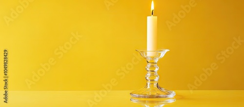 An acrylic candlestick holding a candle for home decoration against a yellow white background. with copy space image. Place for adding text or design
