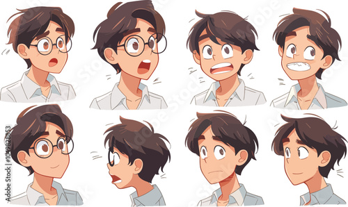 Anime Boy Character Facial Expression Cartoon Set Surprise Happy Sad Angry Confused Illustration Emotions Avatar Icon Variety Pack Manga Style