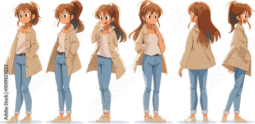 Anime girl character design sheet with different poses and emotions for animation Japanese cartoon style cute girl with brown hair in various views front side back comic character for animation game