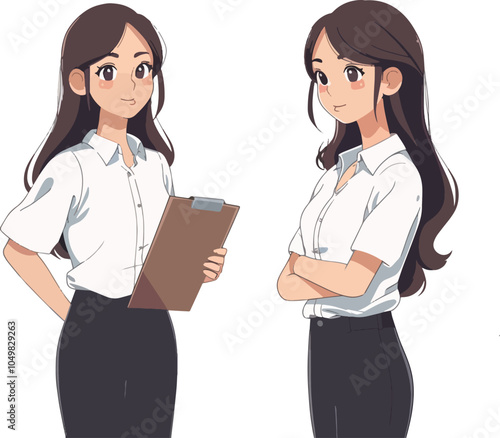 Confident businesswoman different poses office worker character design illustration clipboard arms crossed professional attire long hair anime style isolated white background