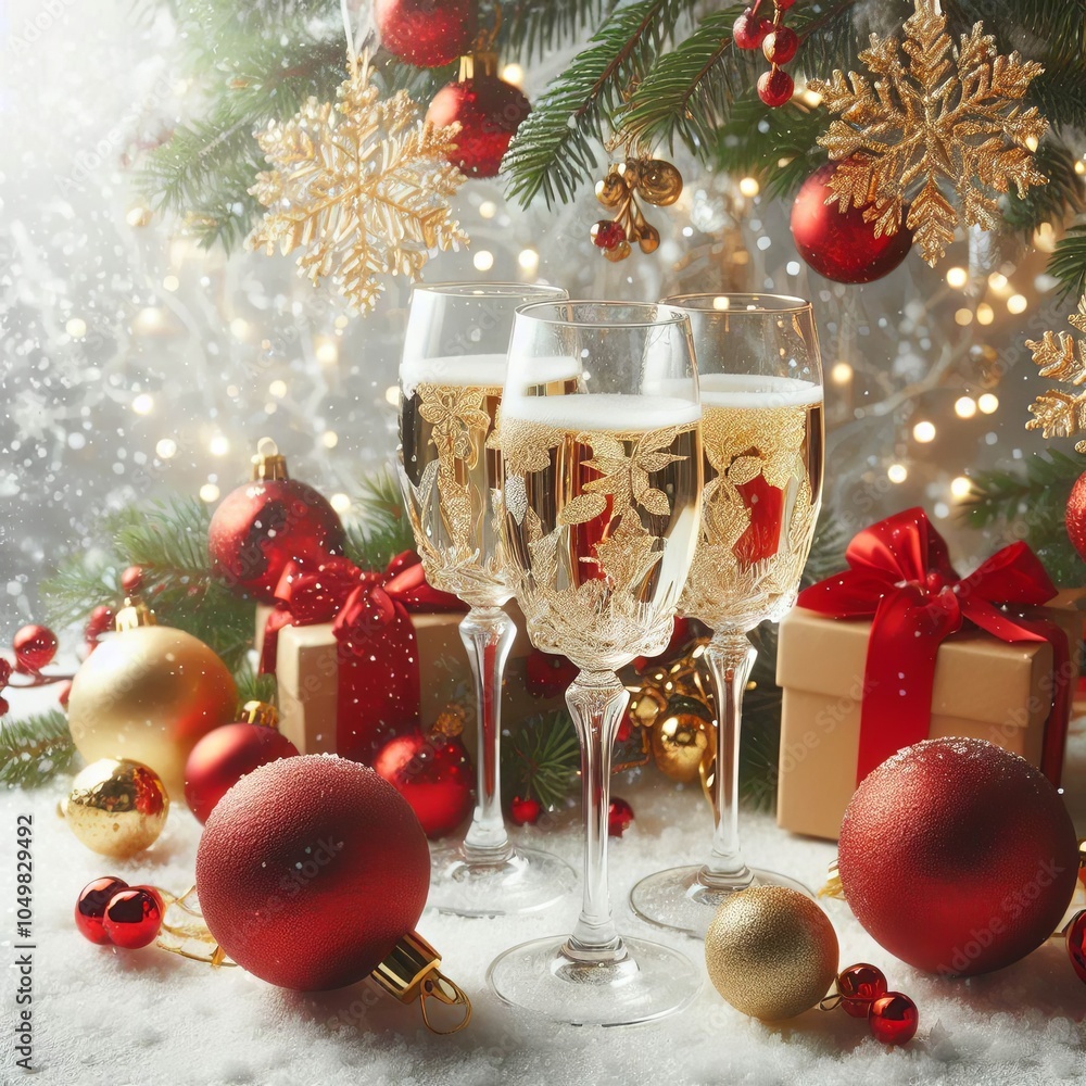Christmas background with sparkling crystal champagne glasses Christmas background with sparkling crystal champagne glasses