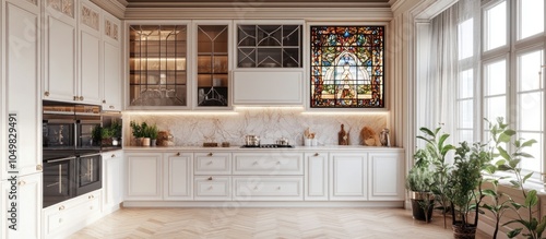 Chic kitchen featuring whit...