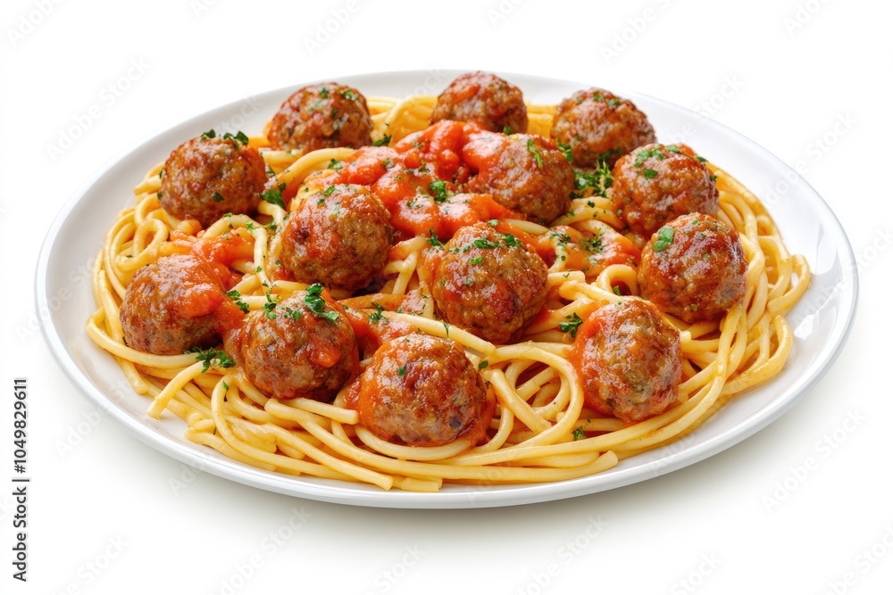 Classic Italian Spaghetti and Meatballs with Tomato Sauce on a White Plate Classic Italian Spaghetti and Meatballs with Tomato Sauce on a White Plate