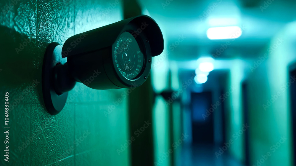 Security camera mounted on a green wall in a hallway. Security camera mounted on a green wall in a hallway.