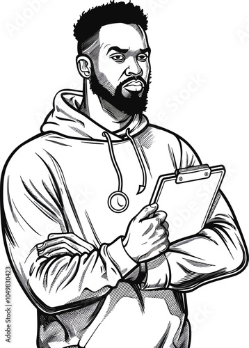 Black and white illustration serious african american man coach holding clipboard fitness instructor personal trainer sportswear workout gym healthy lifestyle sport concept drawing graphic design