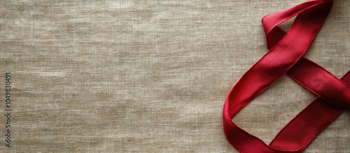 red ribbon on beige linen f...
