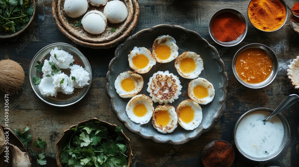 Soft Appam with coconut stew, surrounded by authentic Kerala spices, capturing a flavorful and healthy South Indian breakfast. Soft Appam with coconut stew, surrounded by authentic Kerala spices, capturing a flavorful and healthy South Indian breakfast.