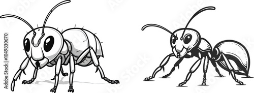 Black and white ant mascot illustration in cartoon and realistic style for logo or branding design insect animal nature wildlife pest control entomology exoskeleton six legs segmented body two