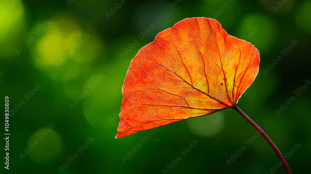 Obraz premium Single red leaf with veins against a blurred green background.