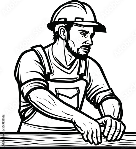 Construction worker builder carpenter foreman illustration black and white hard hat industry labor job site work safety