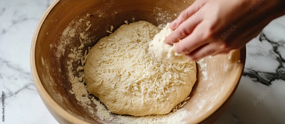 Hand adding Parmesan cheese to dough in a mixing bowl for making Brazilian cheese bread. with copy space image. Place for adding text or design Hand adding Parmesan cheese to dough in a mixing bowl for making Brazilian cheese bread. with copy space image. Place for adding text or design