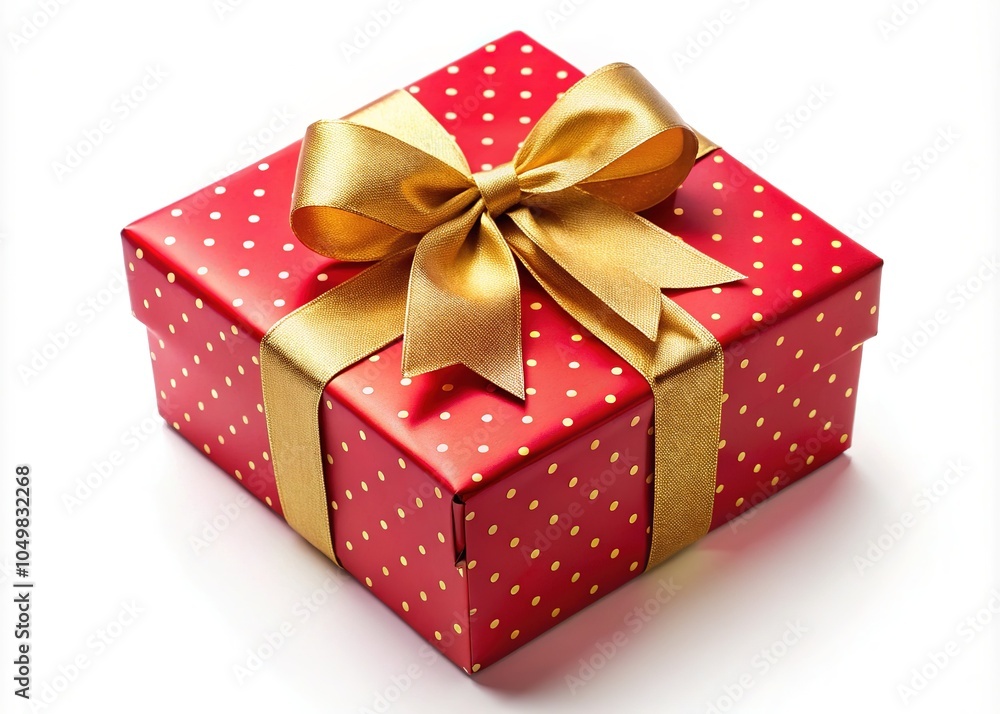 Obraz premium Stylish red gift box featuring golden polka dots and a ribbon, perfect for holidays, birthdays, and special events. A lovely addition to your festive celebrations!