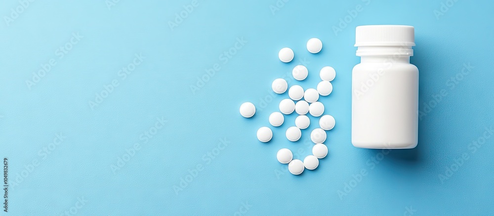 White pills tablets and a white bottle set against a blue background Copy space available for text White pills tablets and a white bottle set against a blue background Copy space available for text