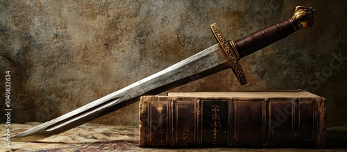 A sword s hilt rests on an ...