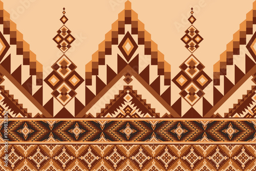 This intricate geometric border pattern is inspired by Native American and Latin American cultures. The symmetrical design features intricate shapes and lines in warm tones, perfect for various decora