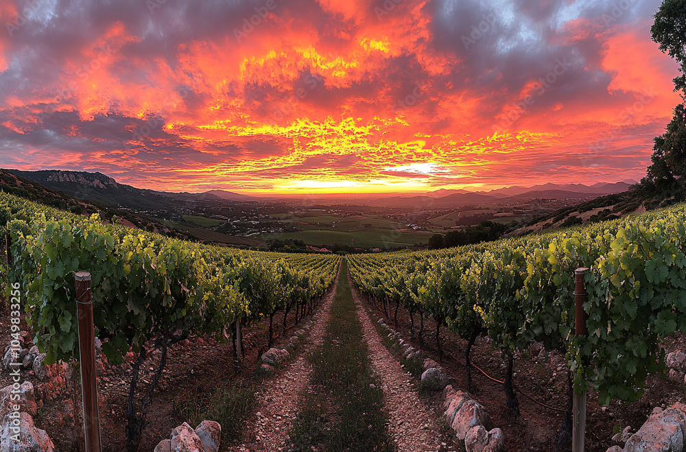 Fototapeta premium Grape field growing for wine. Vineyard hills. Summer scenery with wineyard rows 